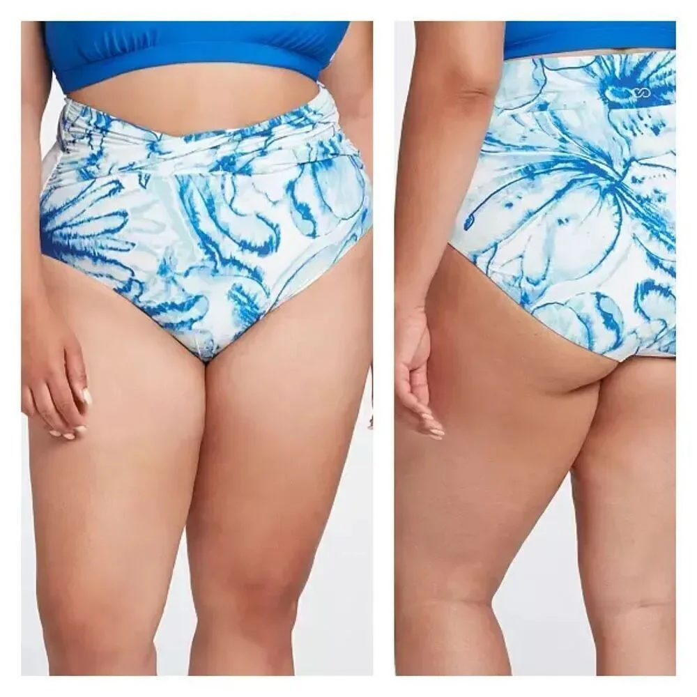 NWT CALIA XL High Waisted Twist Front Swim‎ Bottoms Tummy Control Blue White